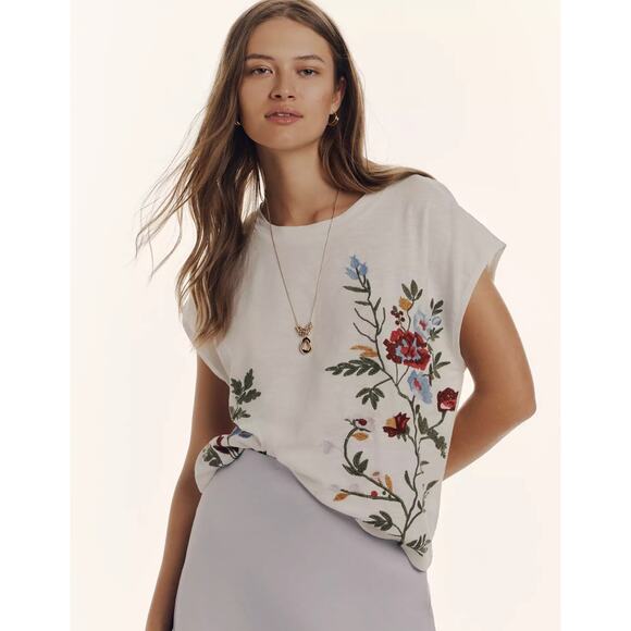 Anthropologie Ivory floral embroidered tee - Picture 1 of 4
